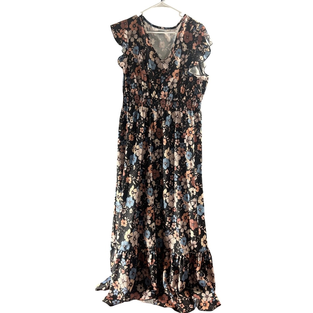 Boho Cottagecore Floral Smocked Maxi Dress 4X Flutter Sleeve V-Neck